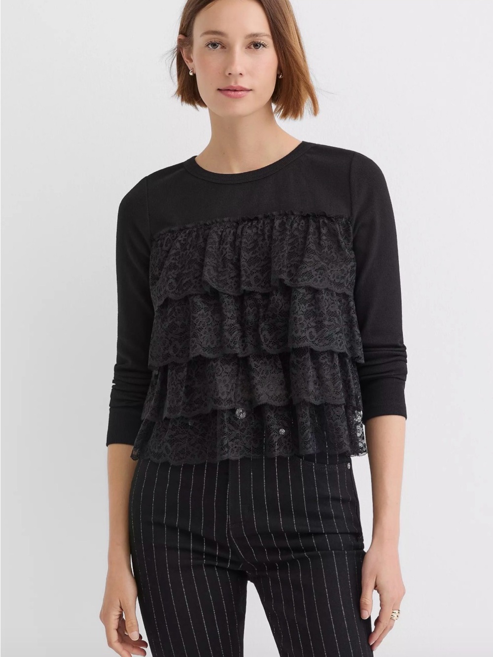 LOFT Black Lace Ruffle Front Long Sleeve Top